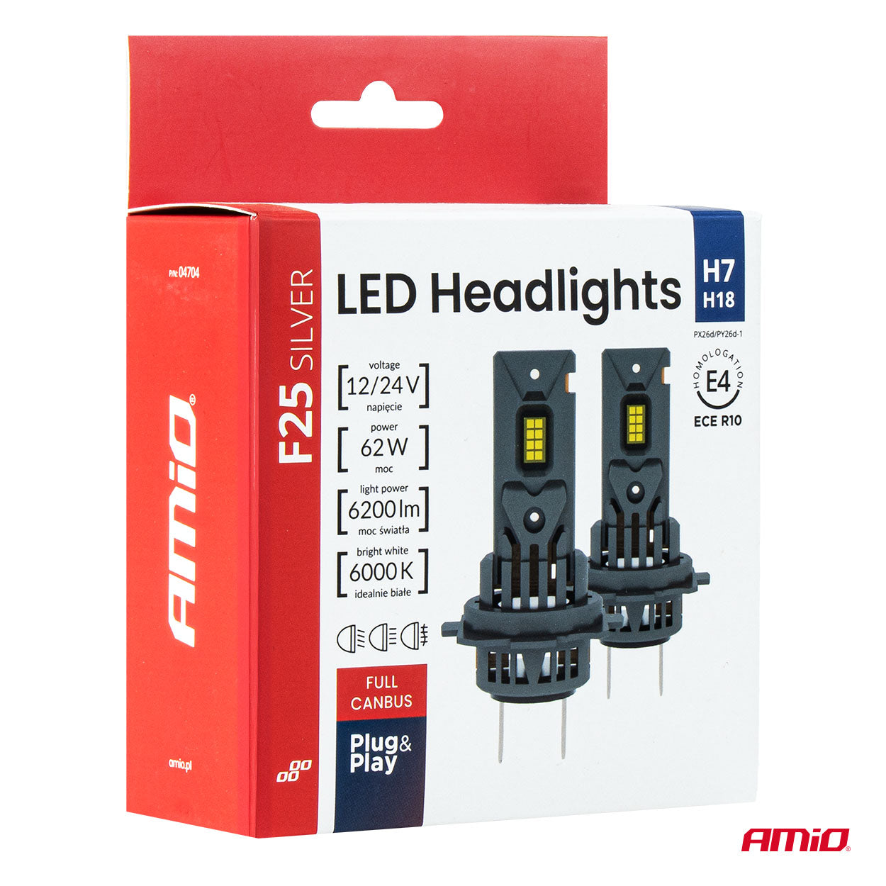 LED-ajovalot Sarja F25 SILVER FULL CANBUS H7/H18 62W 12V 24V AMIO-04704