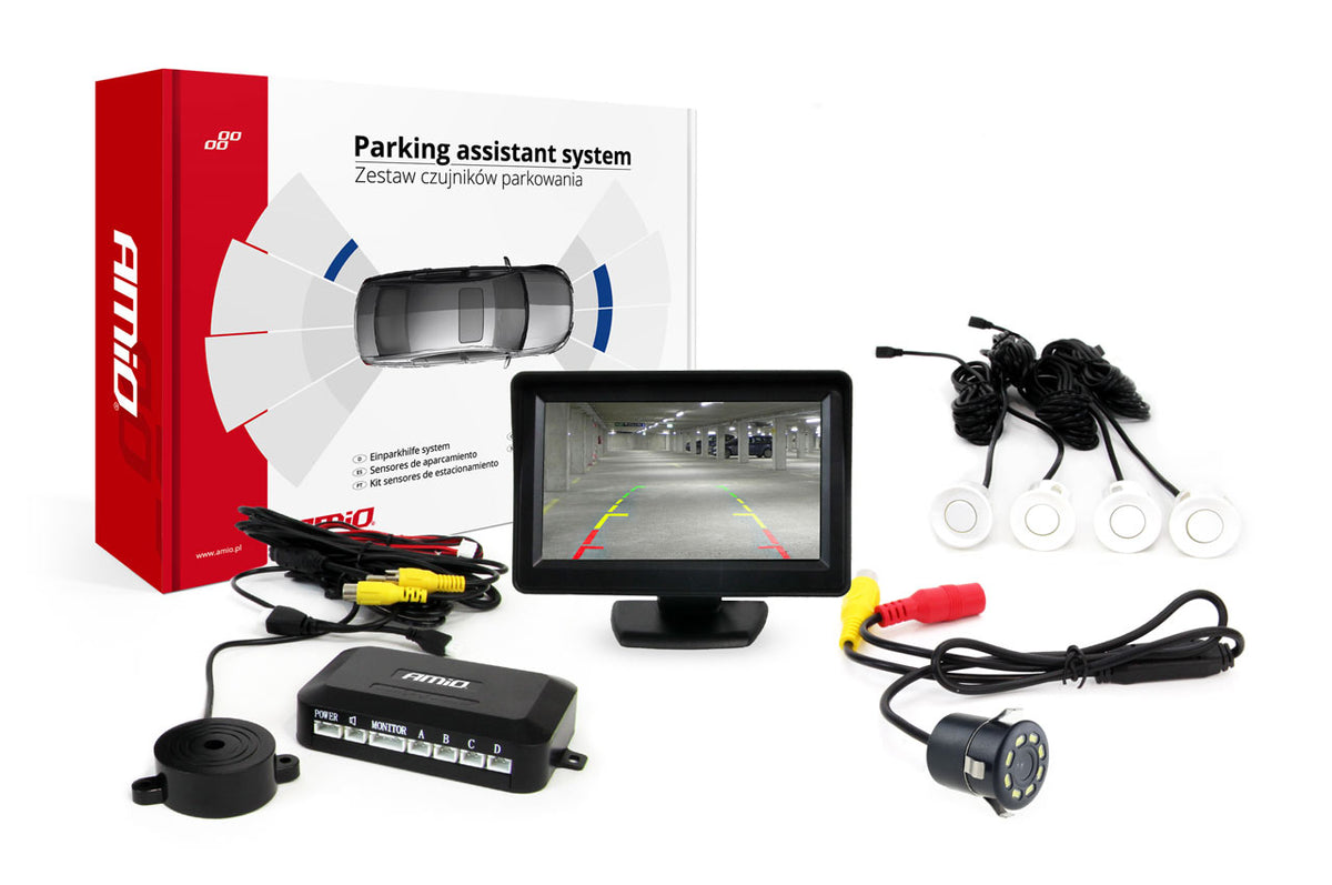 Pysäköintiavustin TFT01 4,3" HD-308-LED kameralla ja 4 anturilla valkoinen