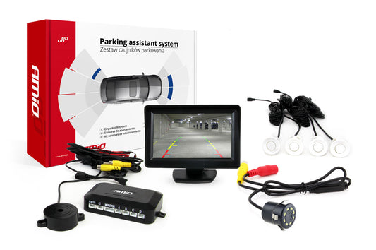 Pysäköintiavustin TFT01 4,3" HD-308-LED kameralla ja 4 anturilla valkoinen