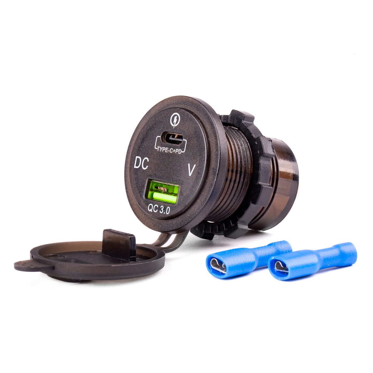 Vesitiivis puhelinlaturi digitaalisella voltmittarilla USB + USB C 12/24 V MOD-07