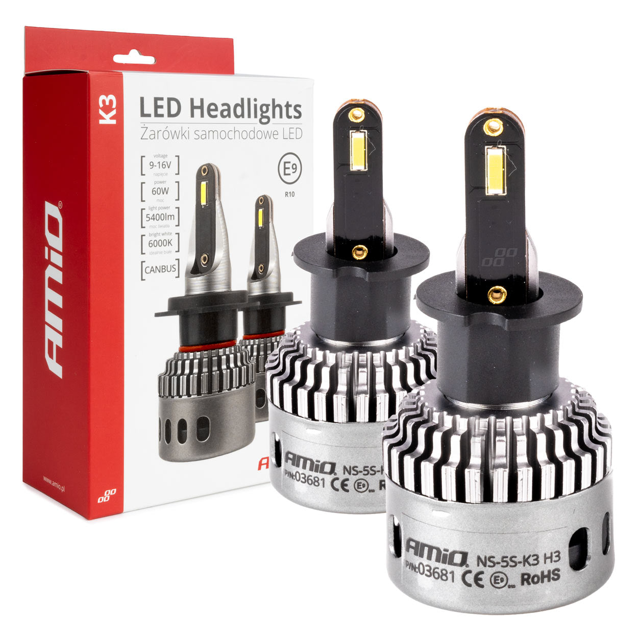 LED-ajovalot LED AMiO Sarja K3 H3 12V 6000K canbus AMIO-03681