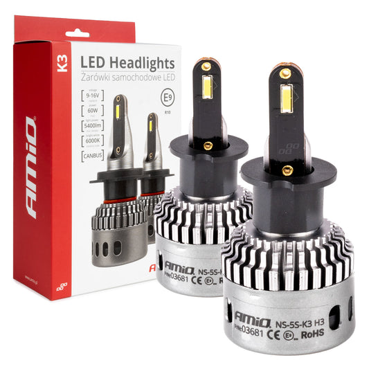 LED-ajovalot LED AMiO Sarja K3 H3 12V 6000K canbus AMIO-03681