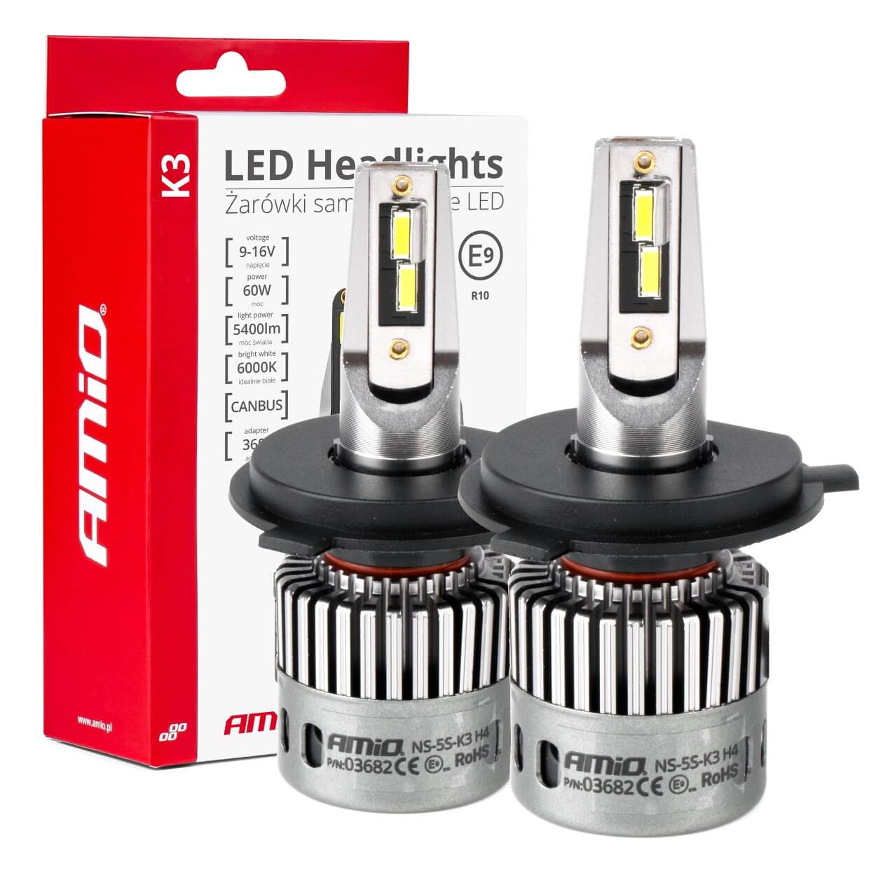 LED-ajovalot LED AMiO Sarja K3 H4/H19 12V 6000K canbus AMIO-03682