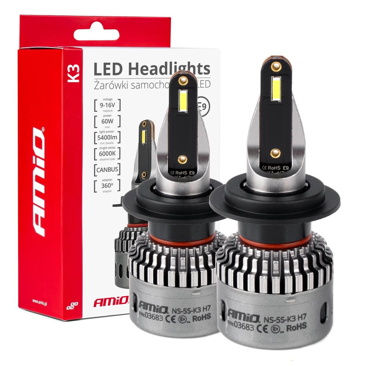 LED-ajovalot LED AMiO Sarja K3 H7 12V 6000K canbus AMIO-03683