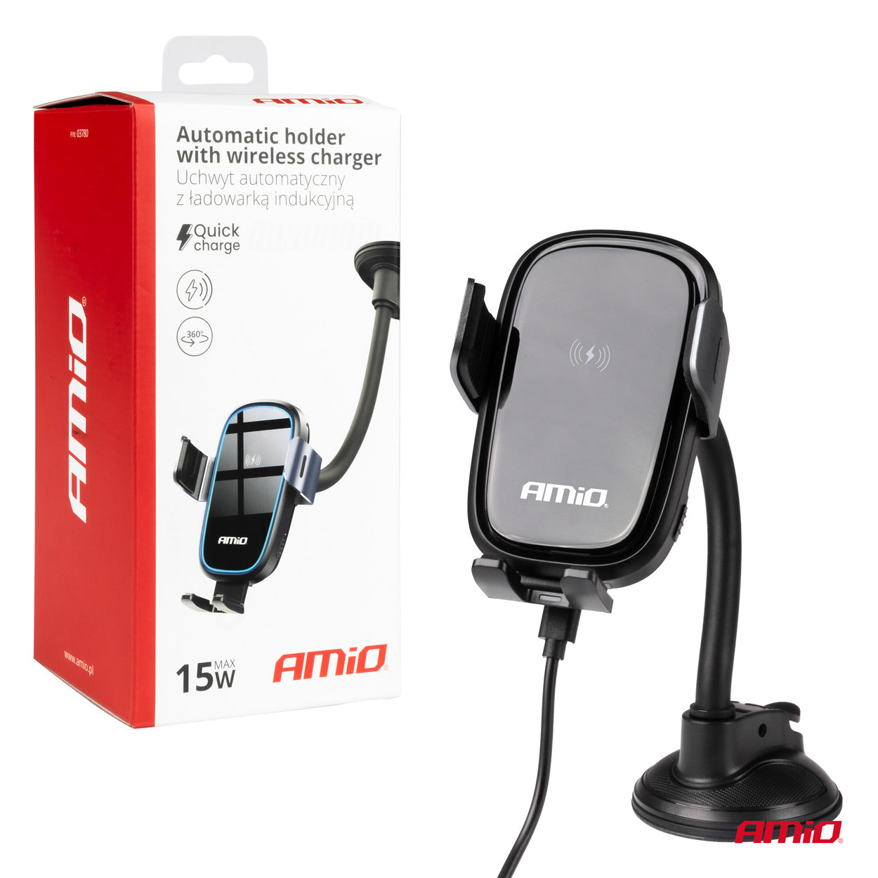 Imukuppikiinnitteinen puhelinteline langattomalla laturilla 15W AMIO-03780