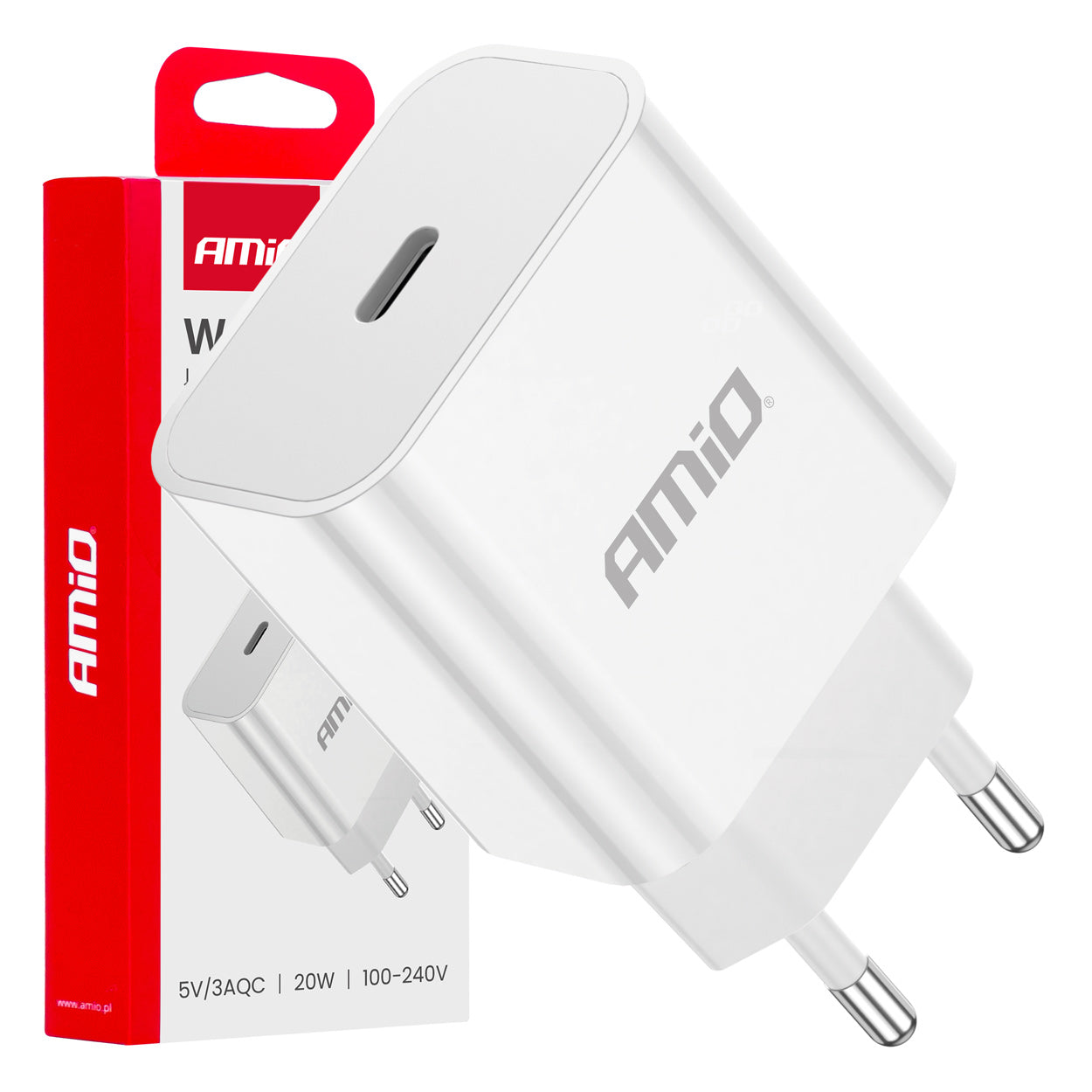 Seinälatausasema USB-C 20W Quick Charge 230V AMIO-03891