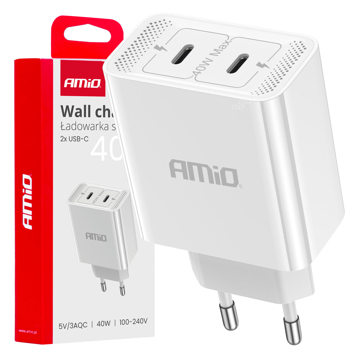 Seinälatausasema 2xUSB-C 40W Quick Charge 230V AMIO-03892