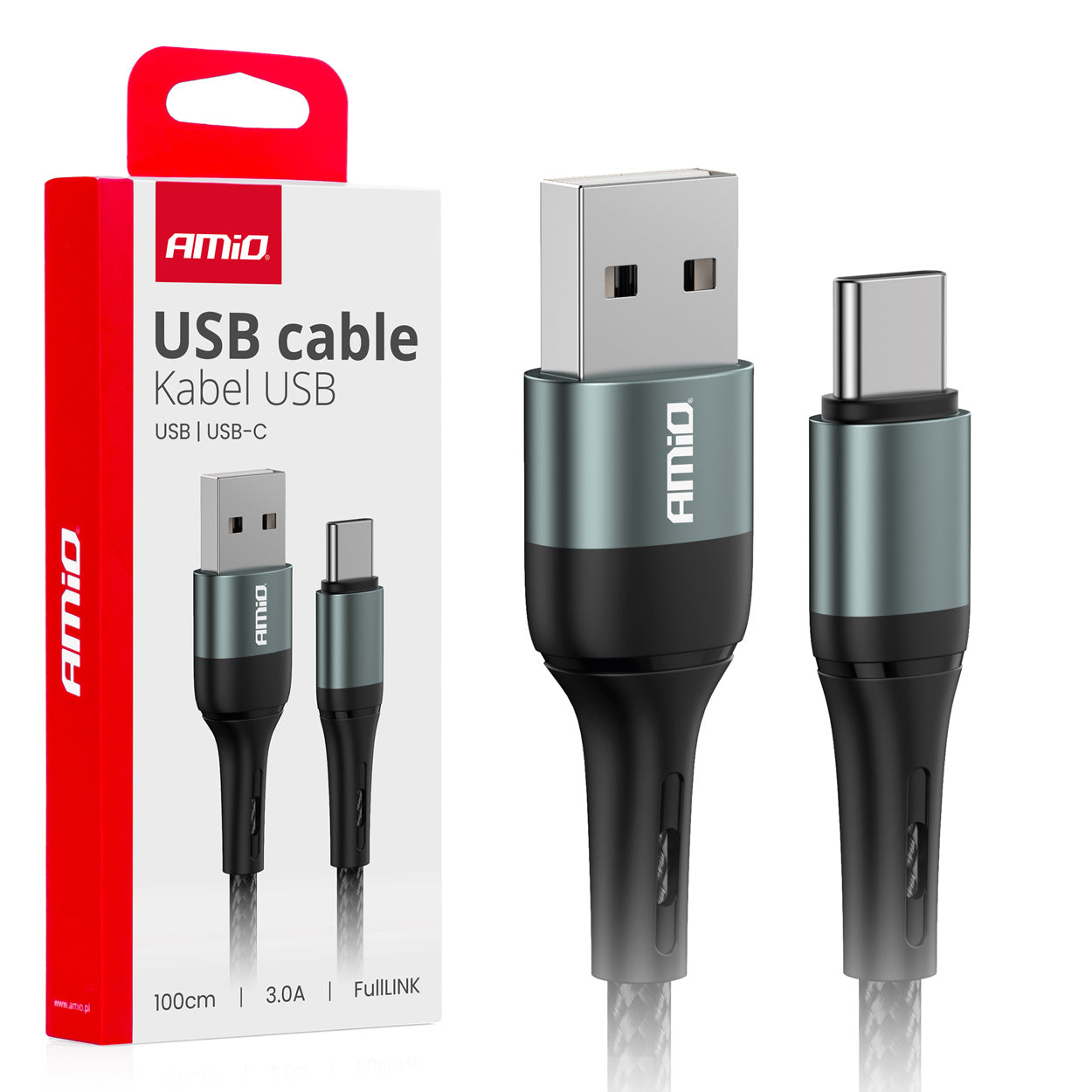 Cafule USB-A – USB-C -kaapeli 3A 100cm FullLINK AMIO-03911