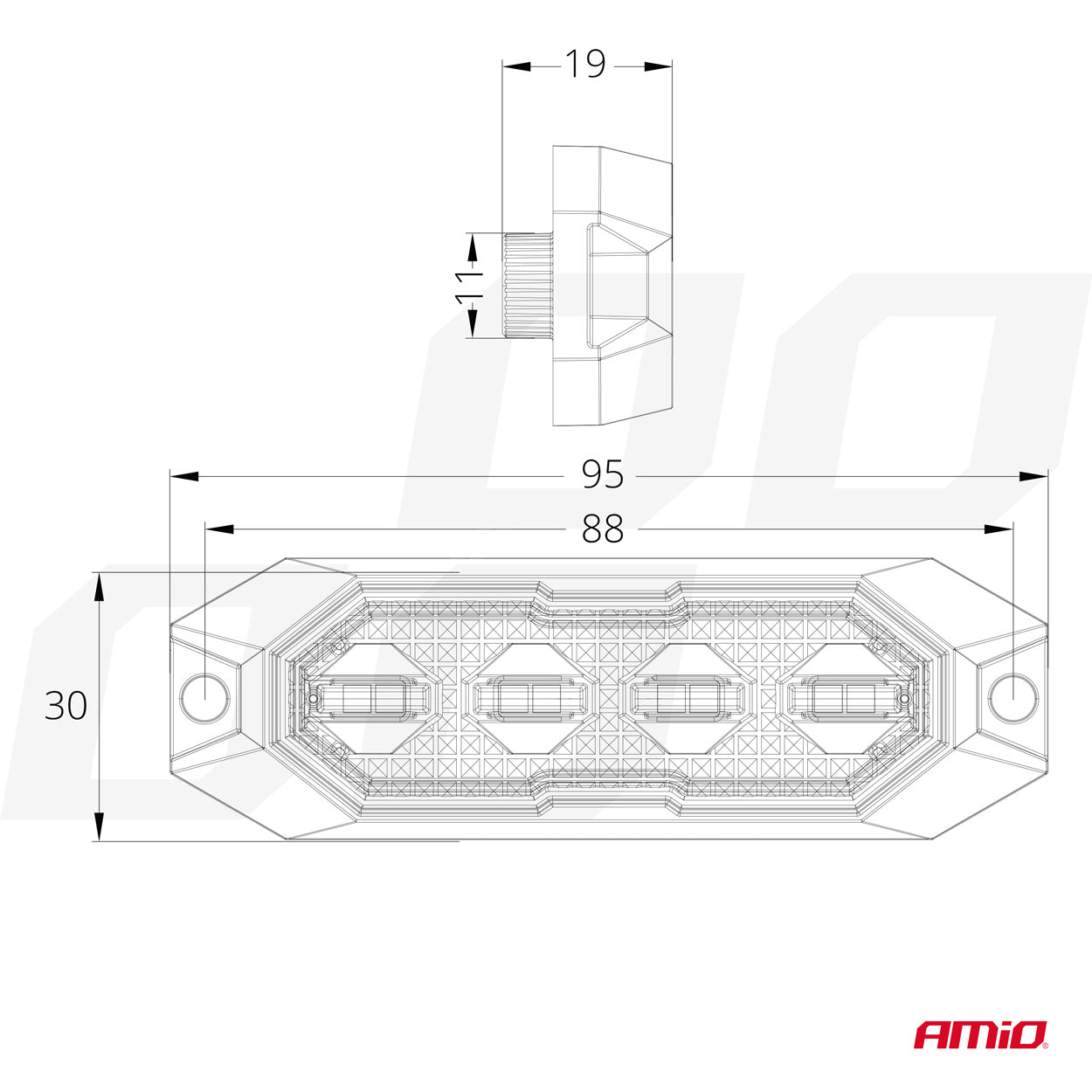 Matalaprofiilinen vilkkuvalo 3x3W LED R65 R10 12/24V IP67 AMIO-03929