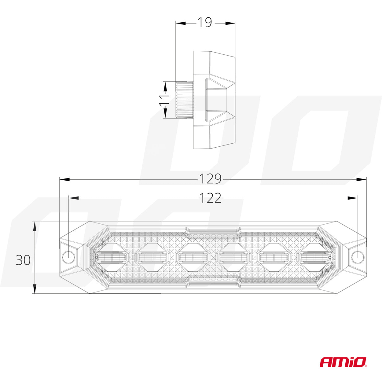 Matalaprofiilinen vilkkuvalo 6x3W LED R65 R10 12/24V IP6K9K AMIO-03930