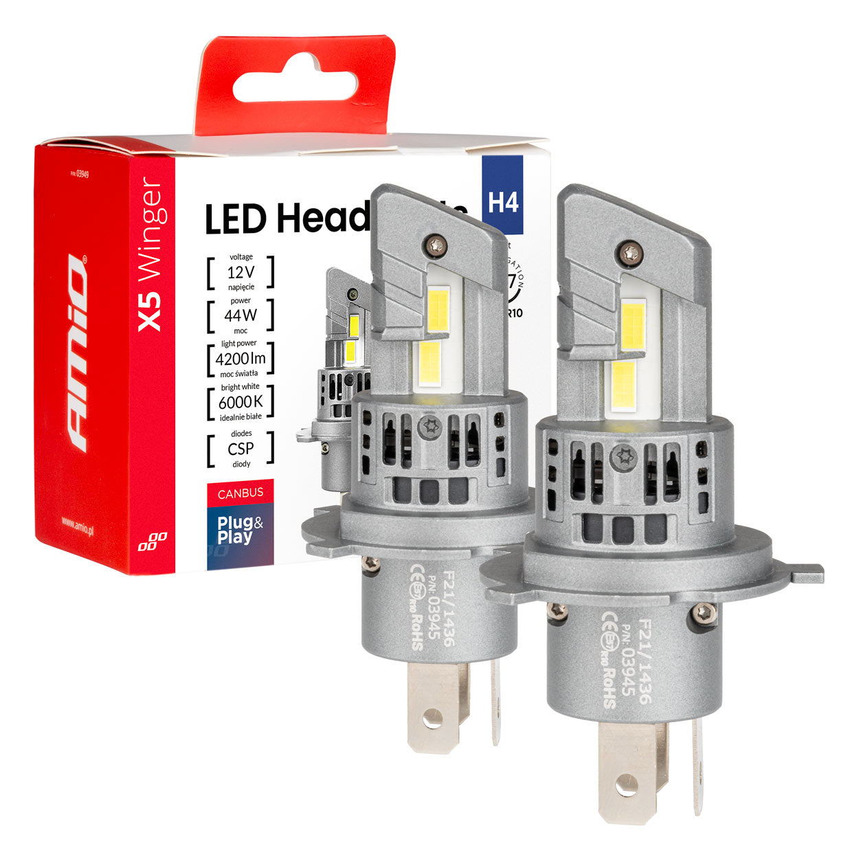 LED-ajovalot X5-sarja WINGER H4 6000K max 44W AMIO-03945