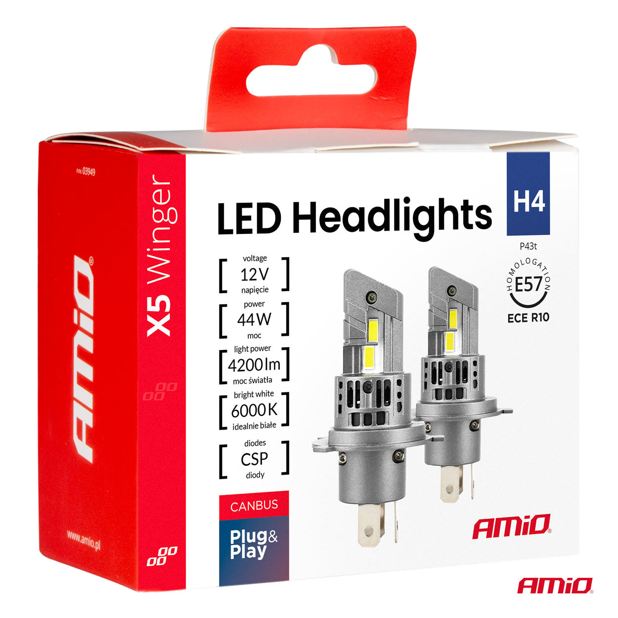 LED-ajovalot X5-sarja WINGER H4 6000K max 44W AMIO-03945