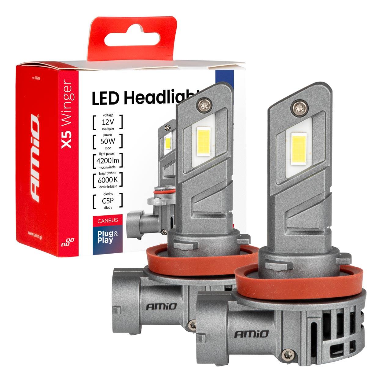 LED-ajovalot X5-sarja WINGER H8 H9 H11 6000K max 50W AMIO-03947
