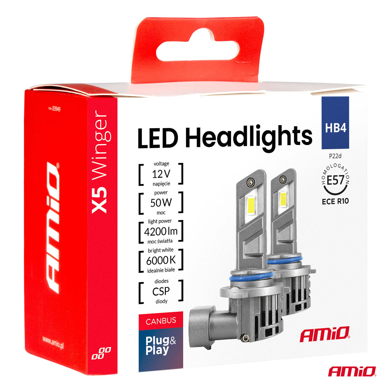 LED-ajovalot X5-sarja WINGER HB4 6000K max 50W AMIO-03949