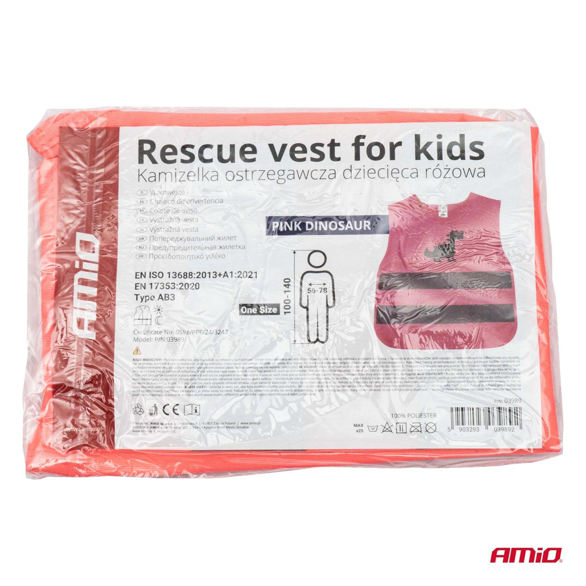 Lasten heijastinliivi pinkki DINOSAUR