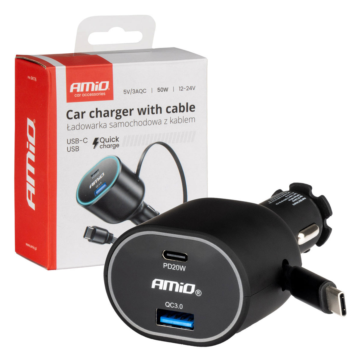 Pikalatausautolaturi 3.0 30 W sisäänvedettävällä USB-C-kaapelilla PD20W
