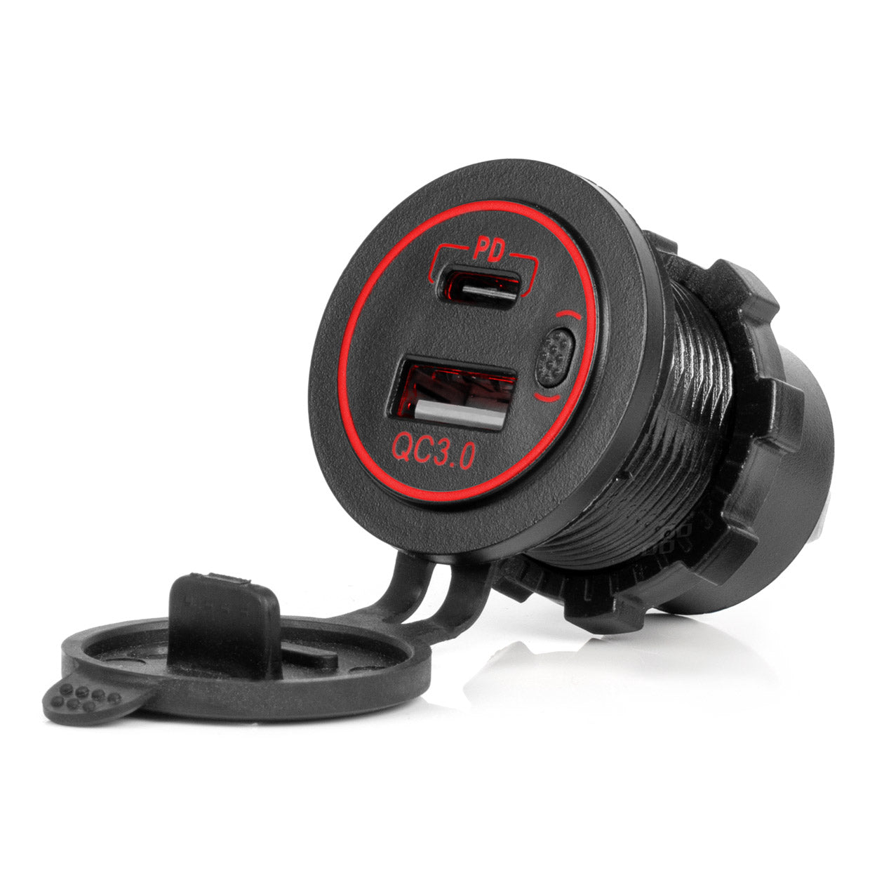 Vedenpitävä puhelinlaturi punaisella LED-taustavalaistuksella 2xUSB QC3.0 12/24V AMIO-04221