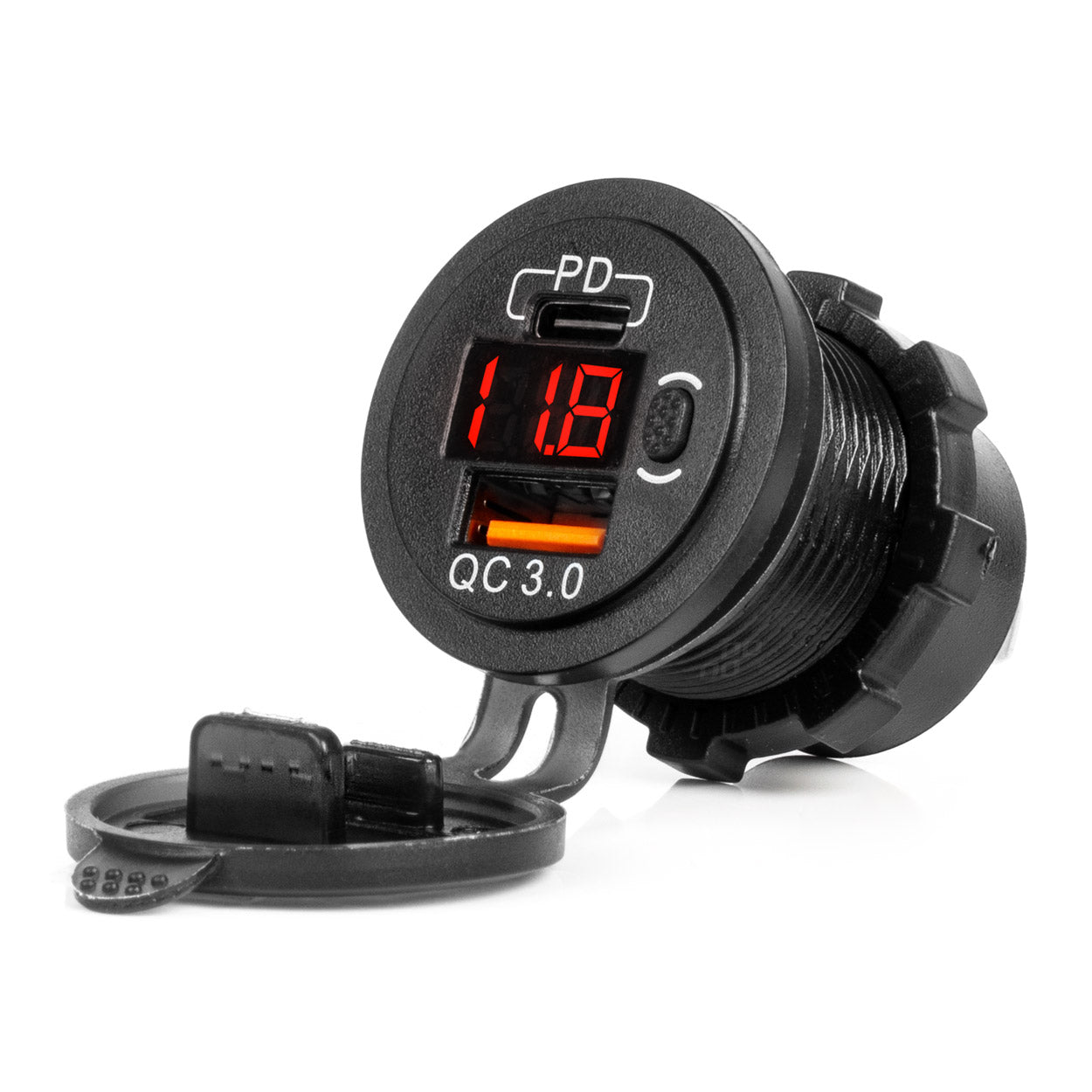 Vesitiivis puhelinlatauslaite kytkimellä, punainen LED-näyttö, digitaalinen voltmittari, USB + USB C QC3.0, 12/24 V AMIO-04222