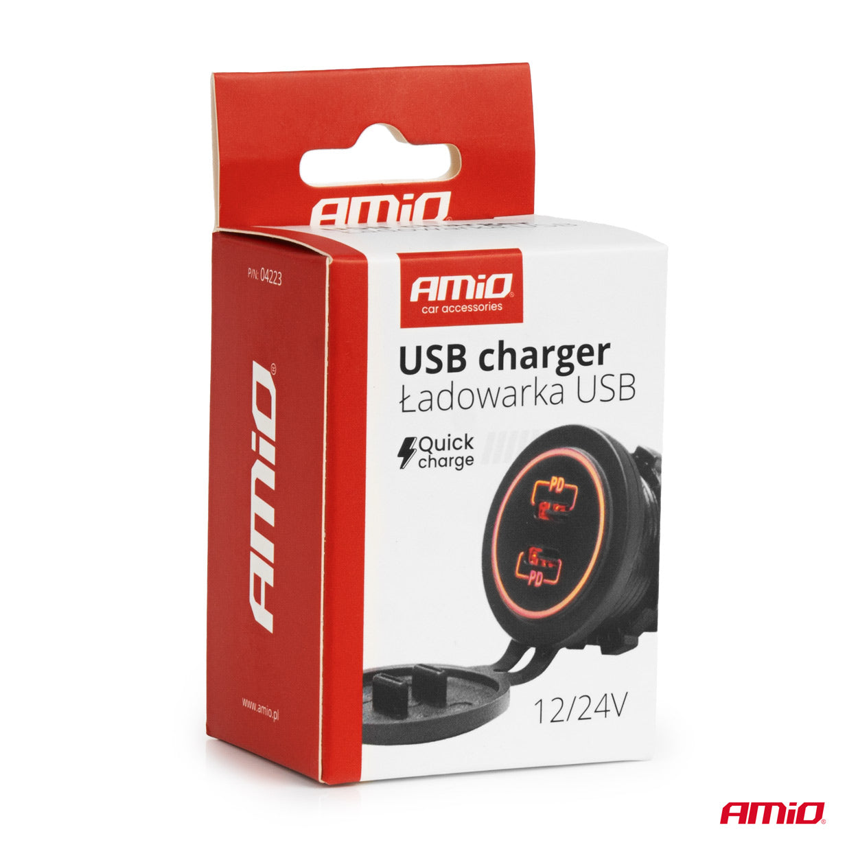 Vesitiivis puhelinlaturi punaisella LED-taustavalaistuksella 2xUSB C 12/24V AMIO-04223