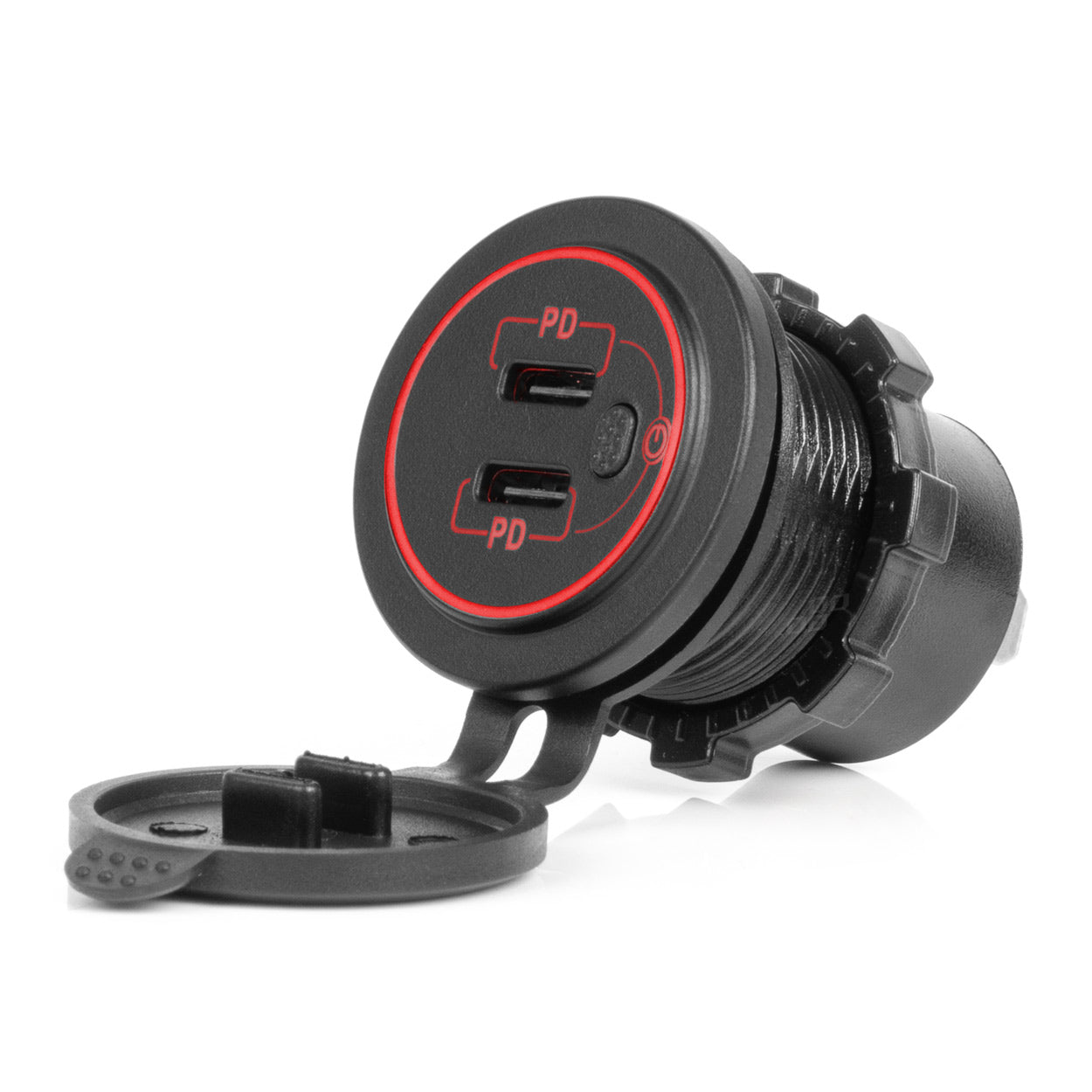 Vesitiivis puhelinlatauslaite kytkimellä, PUNAINEN LED-taustavalo, 2 x USB C, 12/24 V AMIO-04224