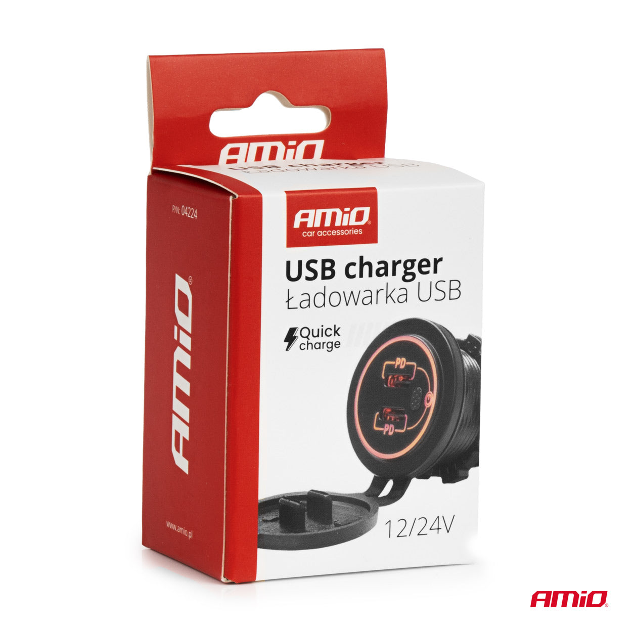 Vesitiivis puhelinlatauslaite kytkimellä, PUNAINEN LED-taustavalo, 2 x USB C, 12/24 V AMIO-04224
