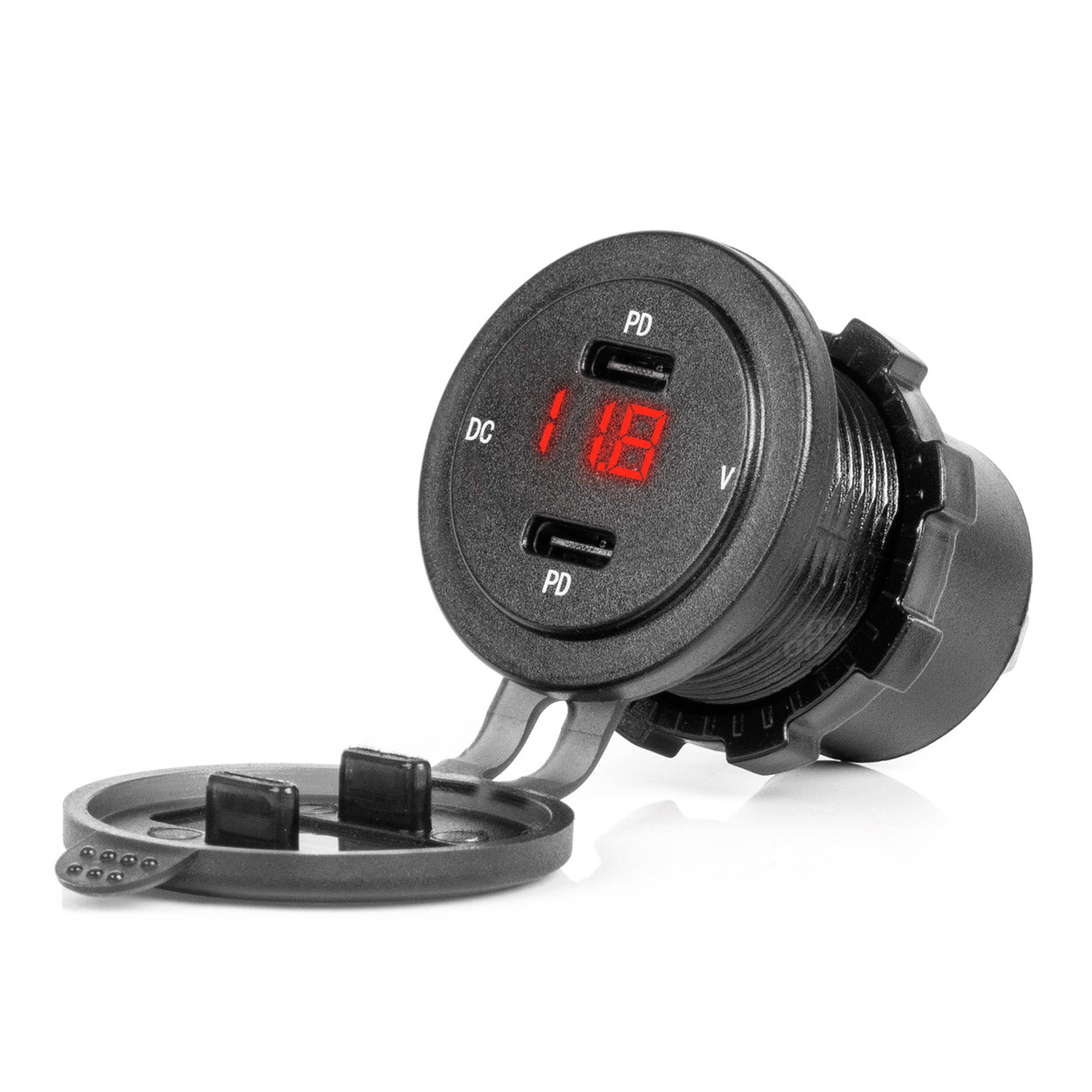 Vesitiivis puhelinlatauslaite kytkimellä, punainen LED-näyttö, digitaalinen voltmittari, USB + USB C QC3.0, 12/24 V AMIO-04225
