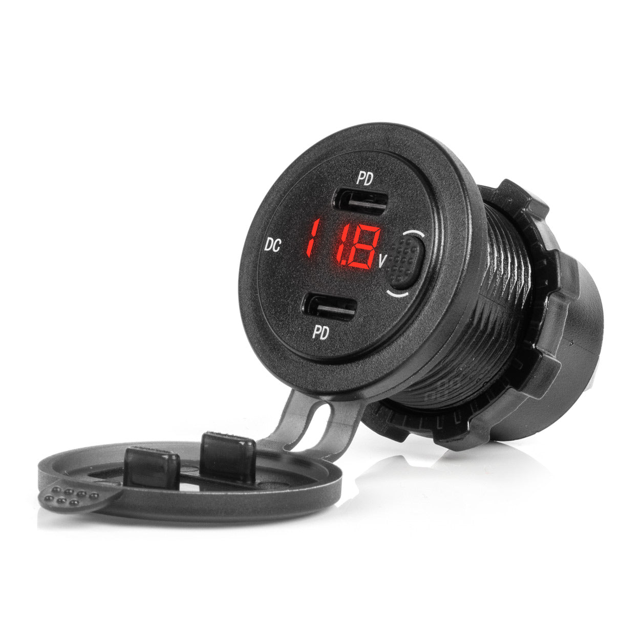 Vesitiivis puhelinlaturi kytkimellä, punainen LED-näyttö, digitaalinen voltmittari, 2 x USB C, 12/24 V AMIO-04226