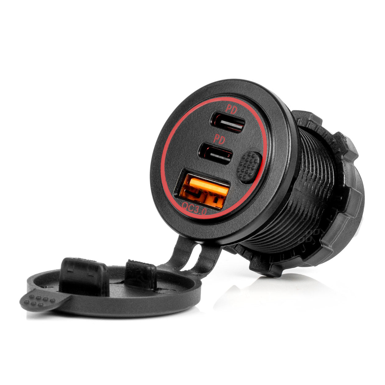 Vesitiivis puhelinlatauslaite kytkimellä, punainen LED-taustavalo, USB + 2 x USB C QC3.0, 12/24 V AMIO-04227