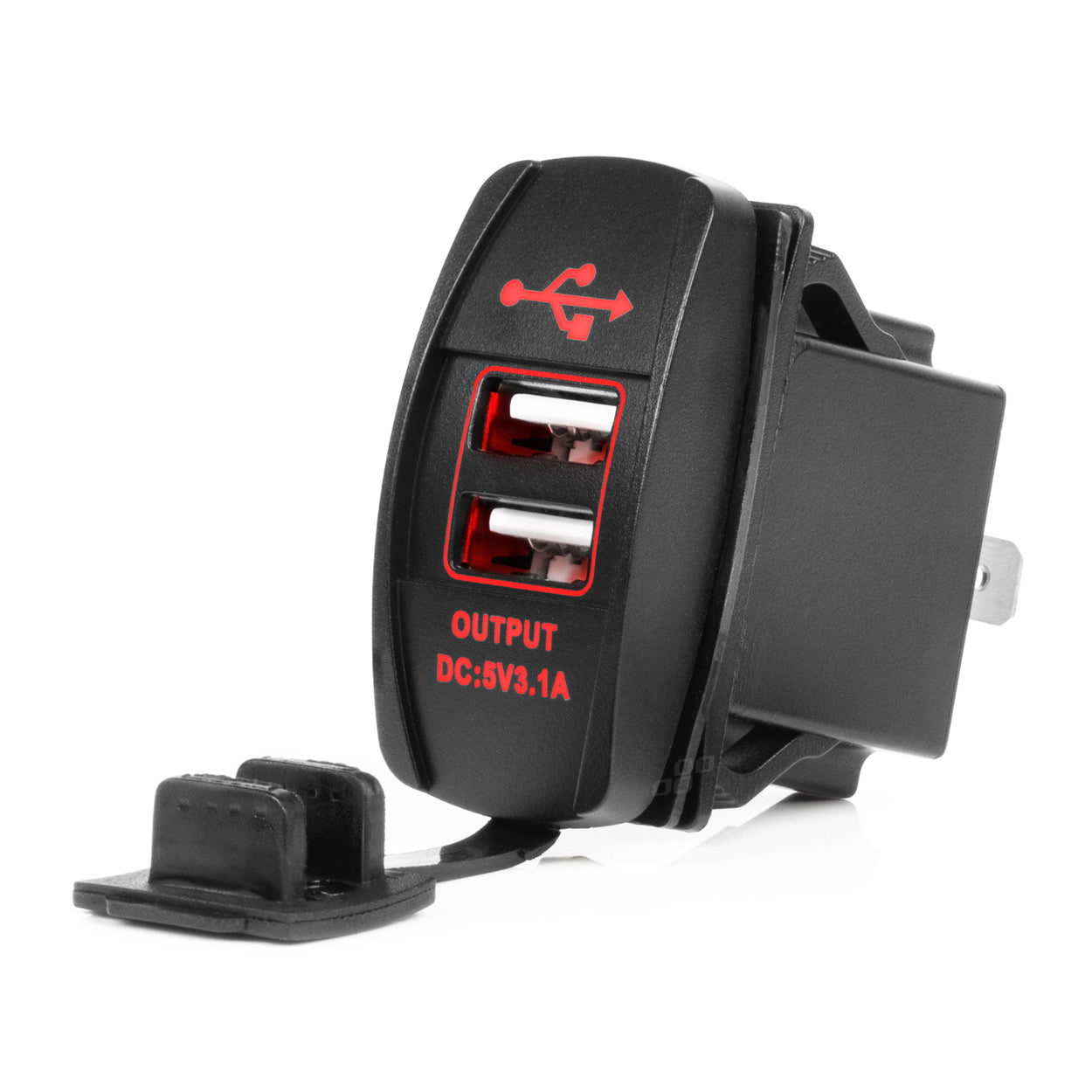 Veneen muotoinen, vedenpitävä puhelinlaturi punaisella LED-taustavalaistuksella, 2xUSB 12/24V AMIO-04228