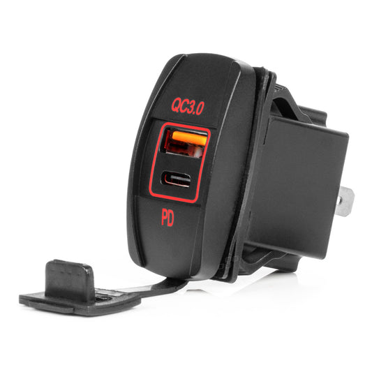 Vesitiivis veneen muotoinen matkapuhelinlaturi LED-taustavalaistuksella PUNAINEN 2xUSB 12/24V AMIO-04229