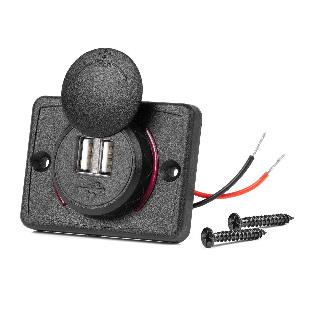 Neliömäinen, vedenpitävä puhelinlaturi PUNAISELLA LED-taustavalaistuksella, 2xUSB 12/24V AMIO-04230