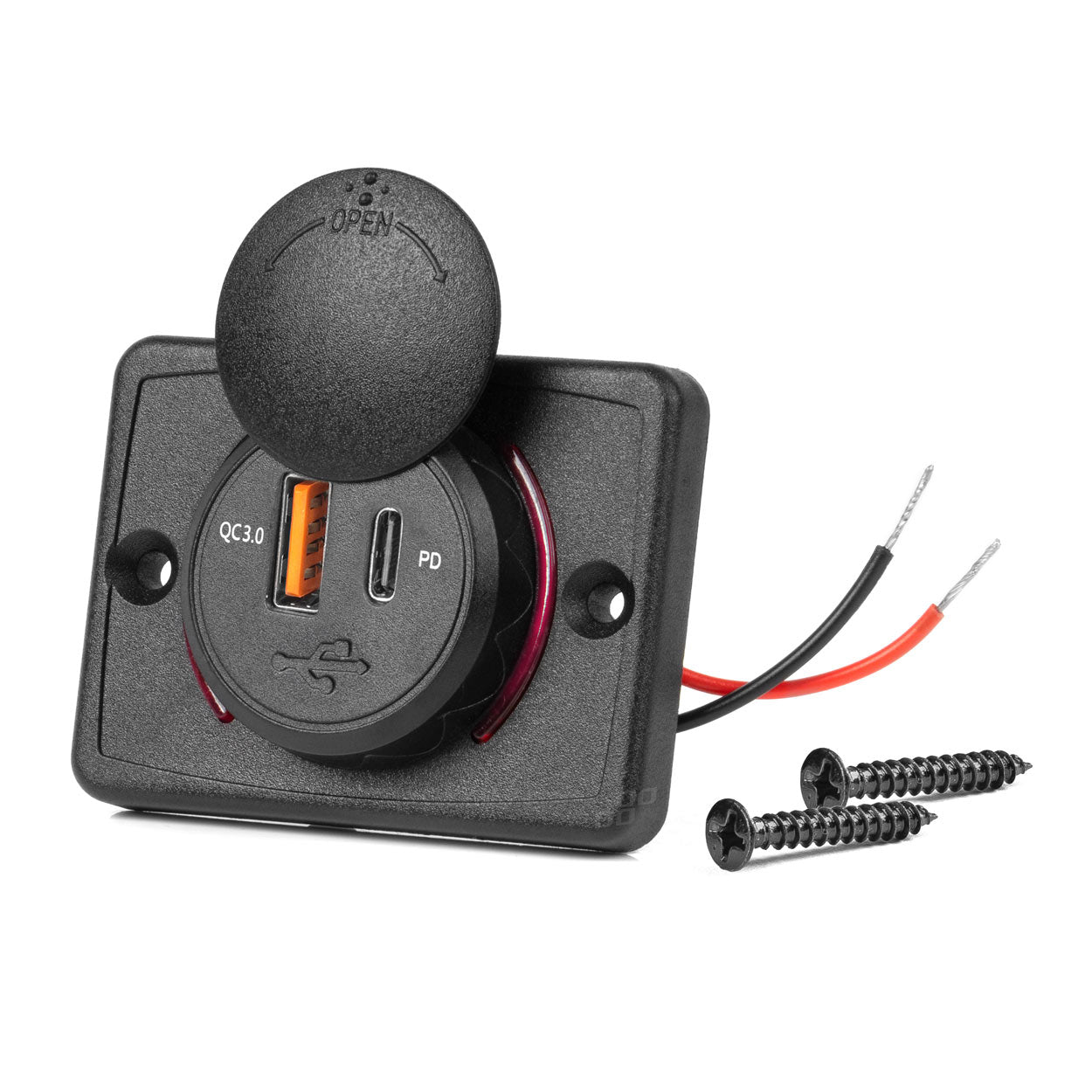 Neliömäinen, vedenpitävä puhelimen laturi PUNAISELLA LED-taustavalaistuksella, USB + USB C QC3.0 12/24 V