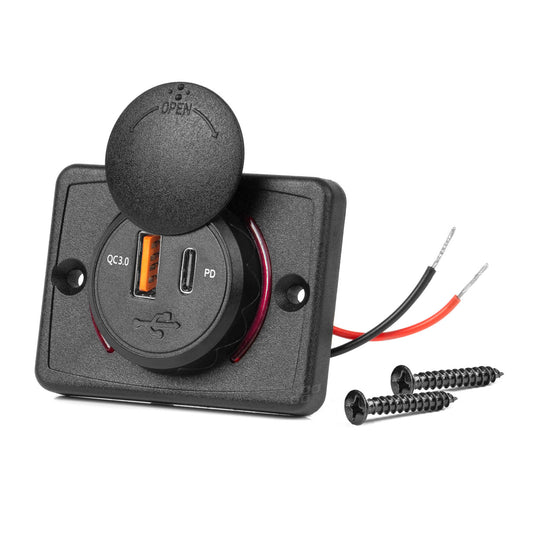 Neliömäinen, vedenpitävä puhelimen laturi PUNAISELLA LED-taustavalaistuksella, USB + USB C QC3.0 12/24 V