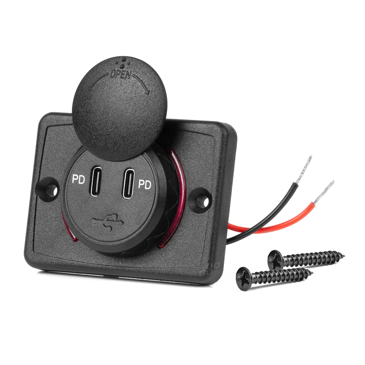 Neliömäinen, vedenpitävä puhelinlaturi PUNAISELLA LED-taustavalaistuksella, 2xUSB C 12/24V AMIO-04232