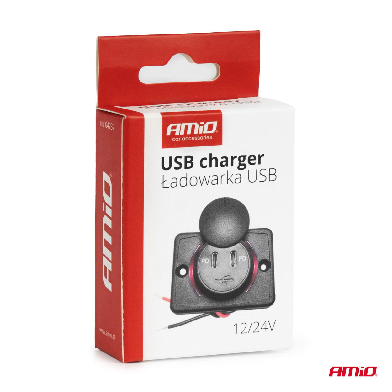 Neliömäinen, vedenpitävä puhelinlaturi PUNAISELLA LED-taustavalaistuksella, 2xUSB C 12/24V AMIO-04232