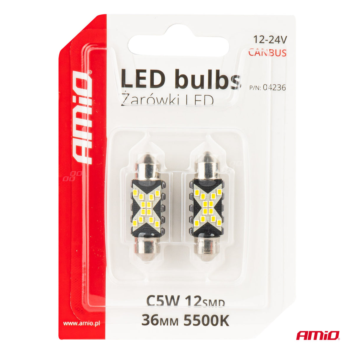 LED-polttimo CANBUS 12SMD Festoon C5W 36mm valkoinen 12/24V