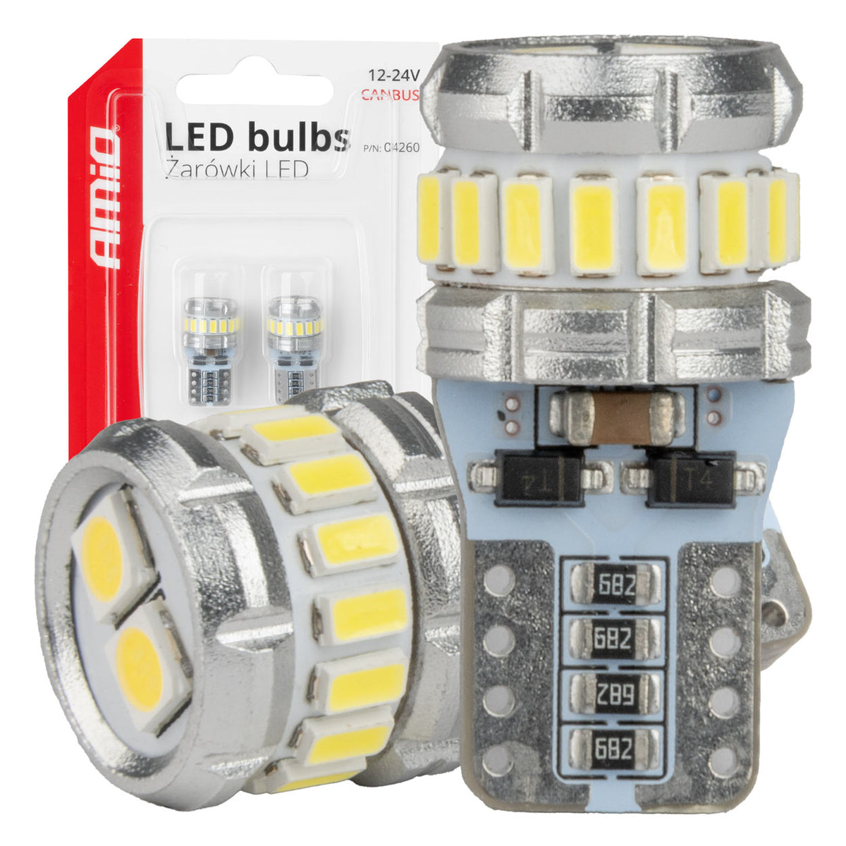 LED-polttimo CANBUS T10 W5W 16SMD 2SMD 3014 3030 valkoinen 12V 24V
