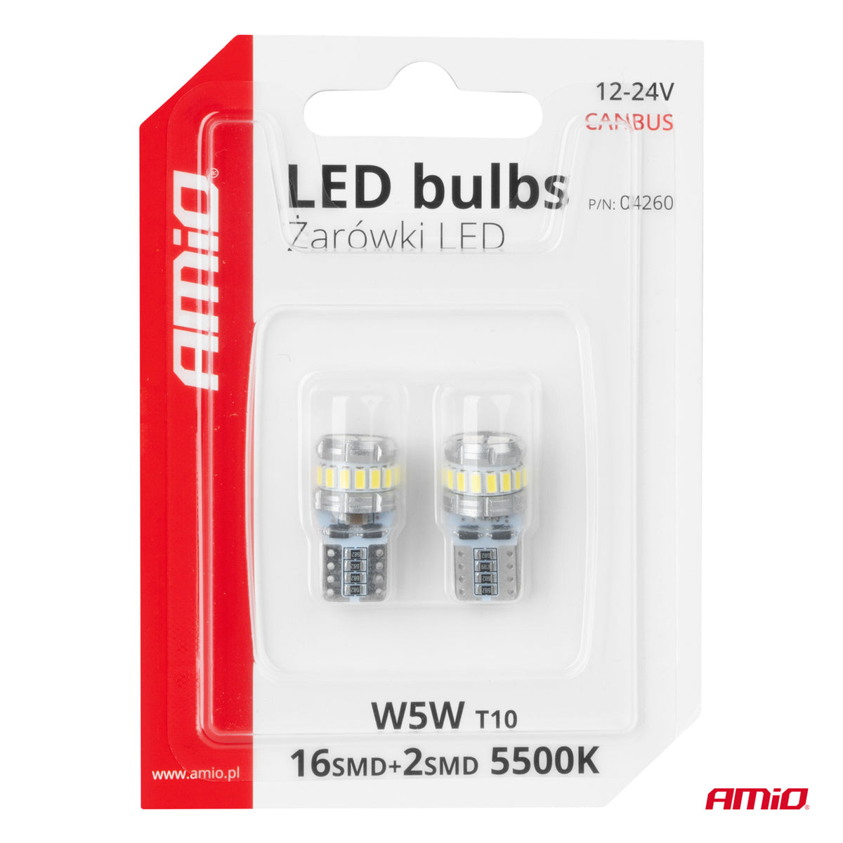 LED-polttimo CANBUS T10 W5W 16SMD 2SMD 3014 3030 valkoinen 12V 24V