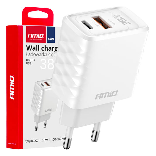 Pikalaturin GaN 38 W USB-A + USB-C