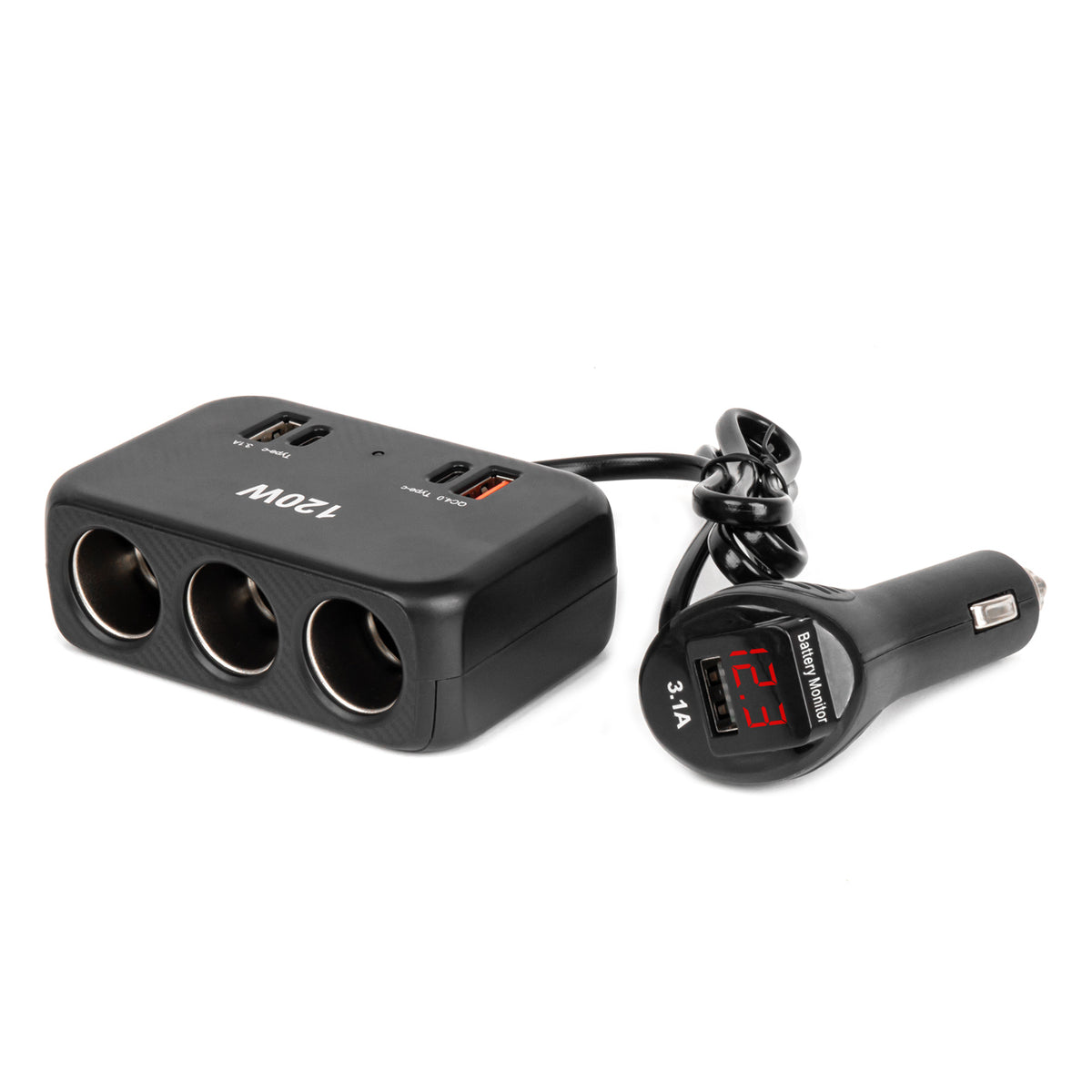 Jatkojohto 2x USB-A 1x USB-C QC4.0 12V/24V 120W 80cm tupakansytyttimeen