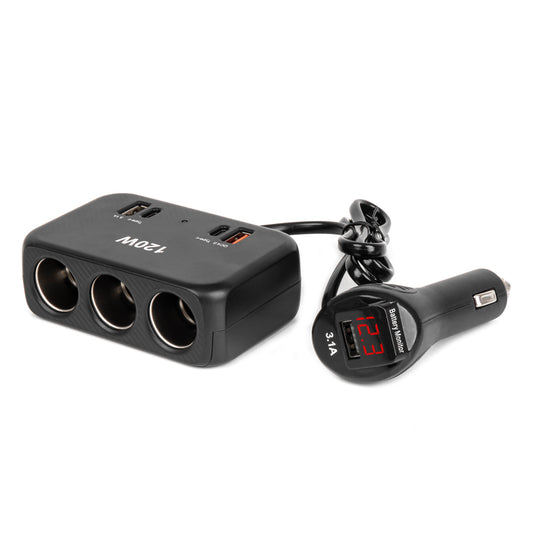 Jatkojohto 2x USB-A 1x USB-C QC4.0 12V/24V 120W 80cm tupakansytyttimeen