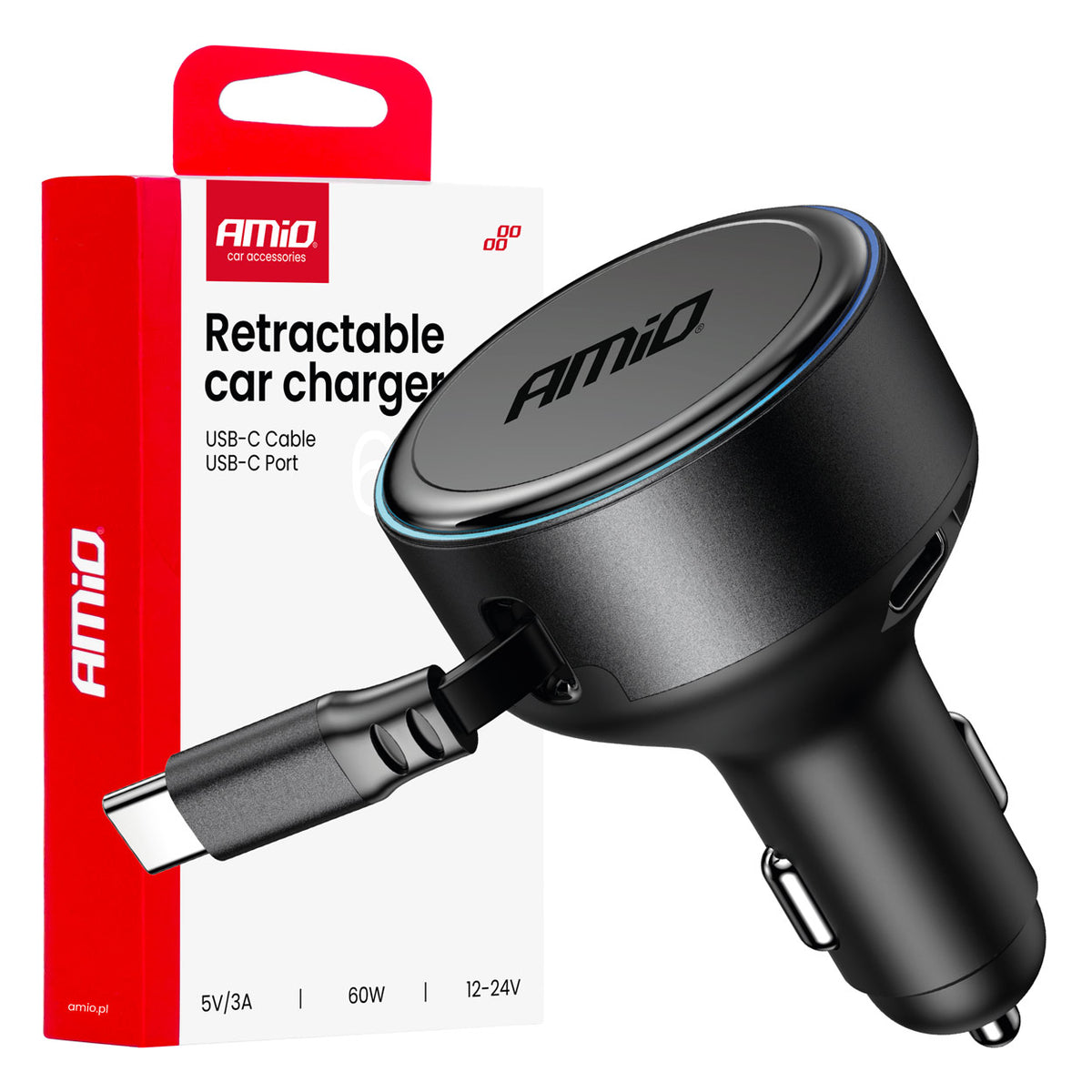 Sisäänvedettävä autolaturi USB-C-kaapelilla + USB-C-liitännällä 12/24 V 60 W
