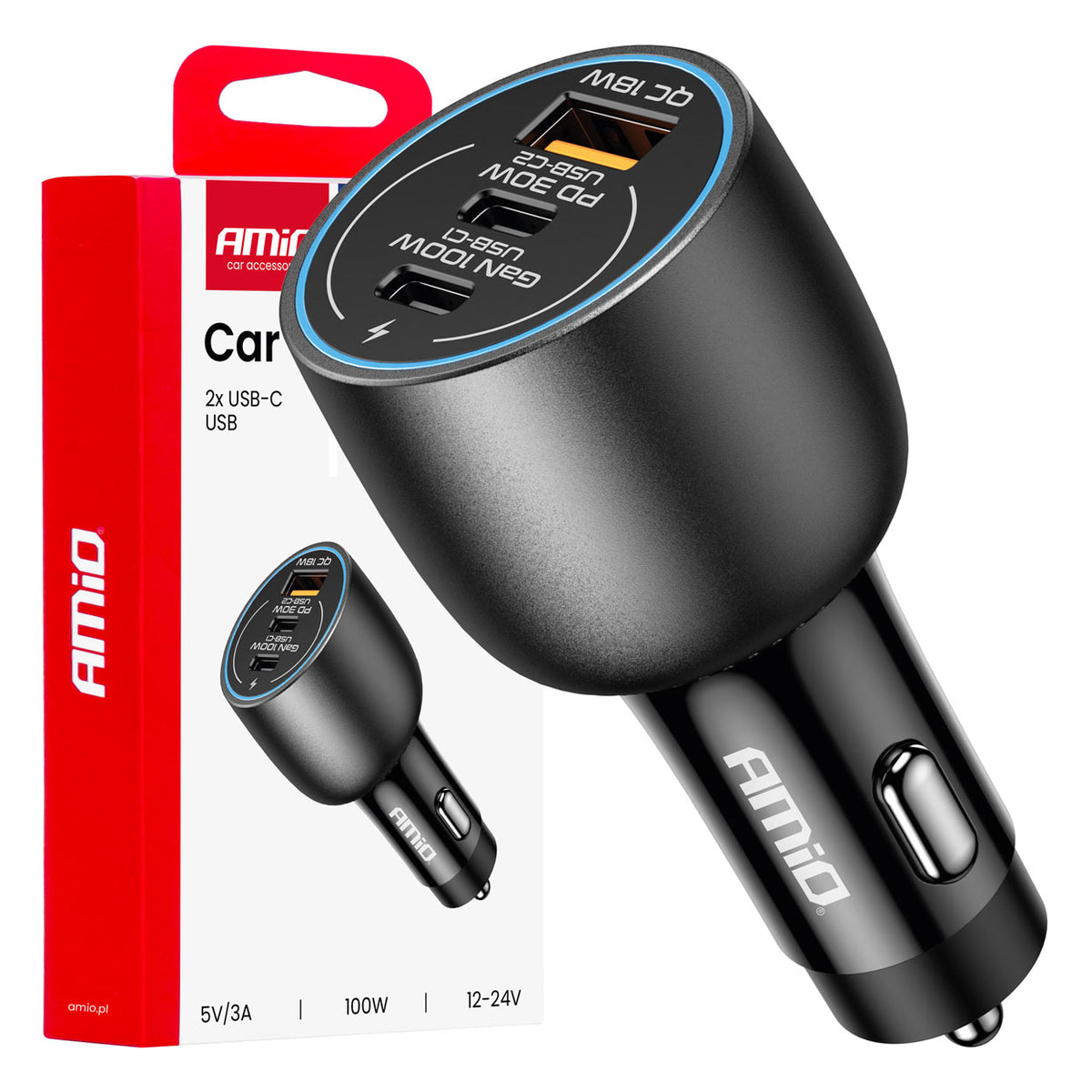 Autolaturi 2x USB-C + USB-A 12/24 V 100 W