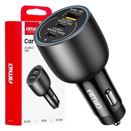 Autolaturi 2x USB-C + USB-A 12/24 V 100 W