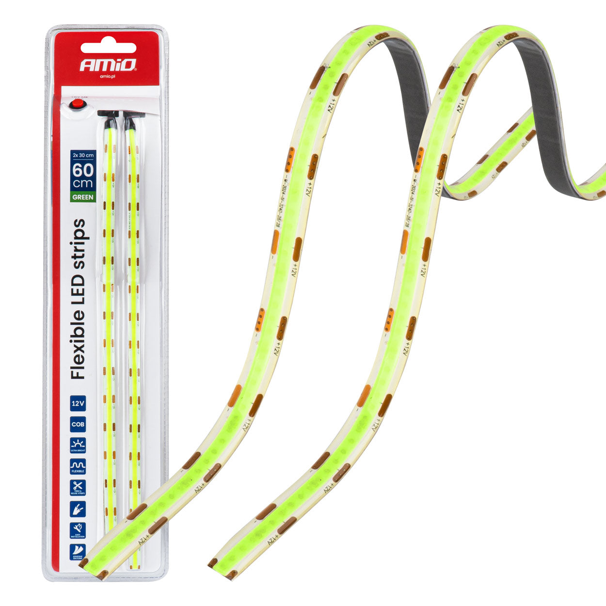LED-Autostreifen COB vihreä, 2 x 30 cm, 12 V, AMIO-04573
