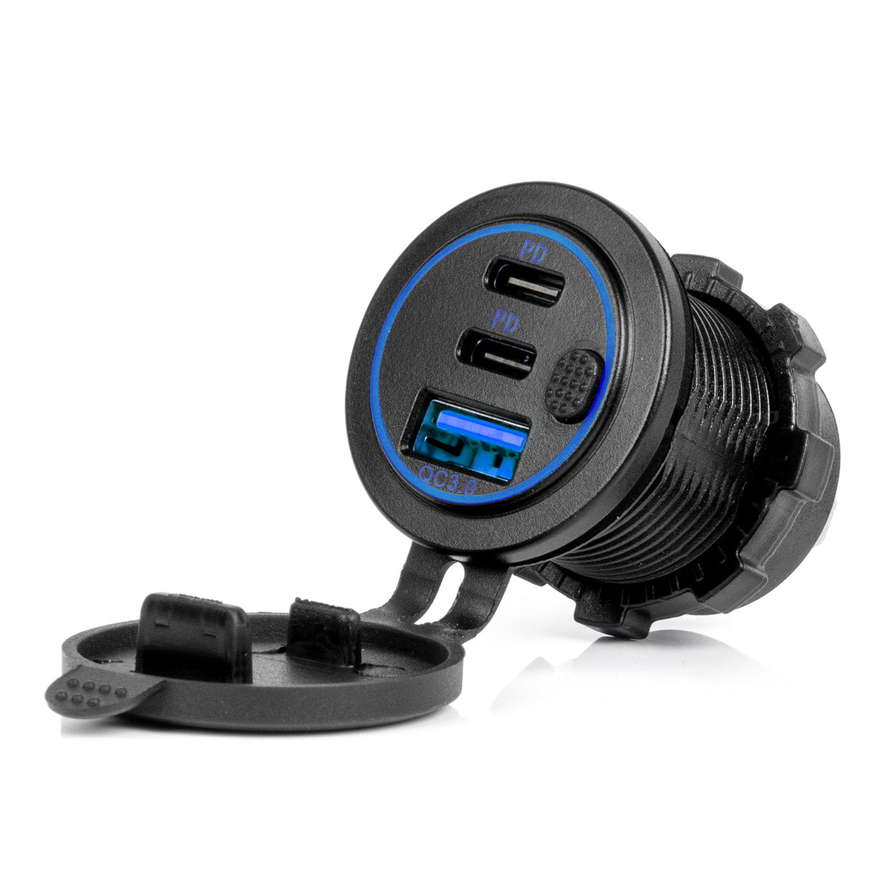Vesitiivis laturi kytkimellä, SININEN LED-taustavalo, USB + 2 x USB C QC3.0, 12/24 V AMIO-04596