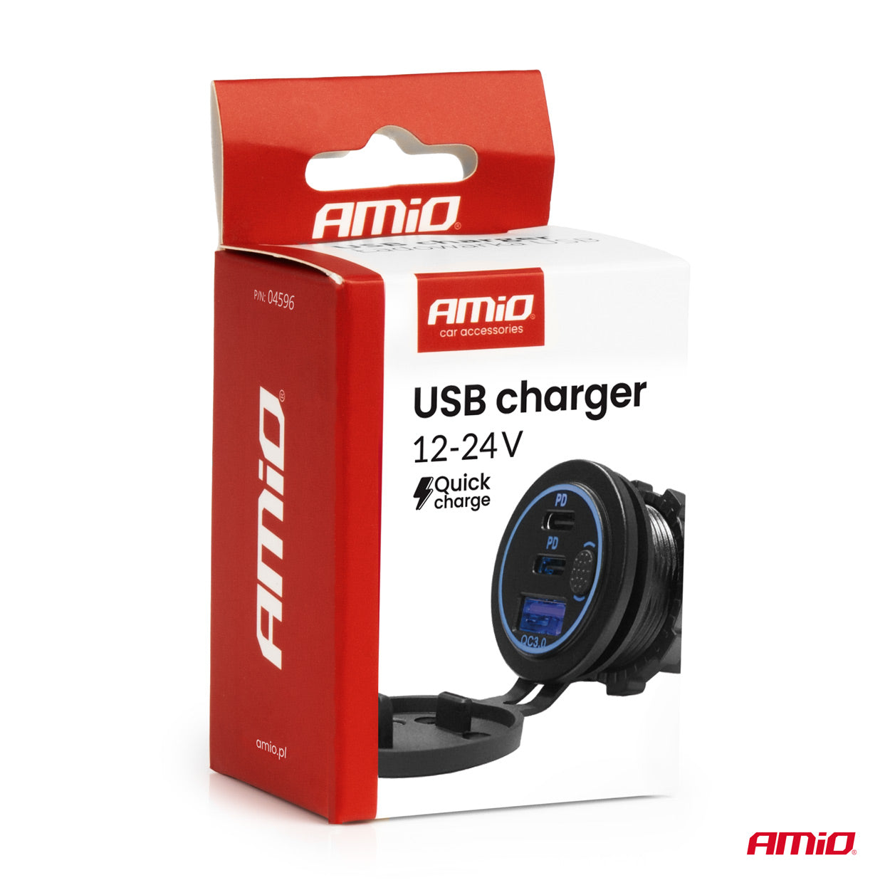 Vesitiivis laturi kytkimellä, SININEN LED-taustavalo, USB + 2 x USB C QC3.0, 12/24 V AMIO-04596