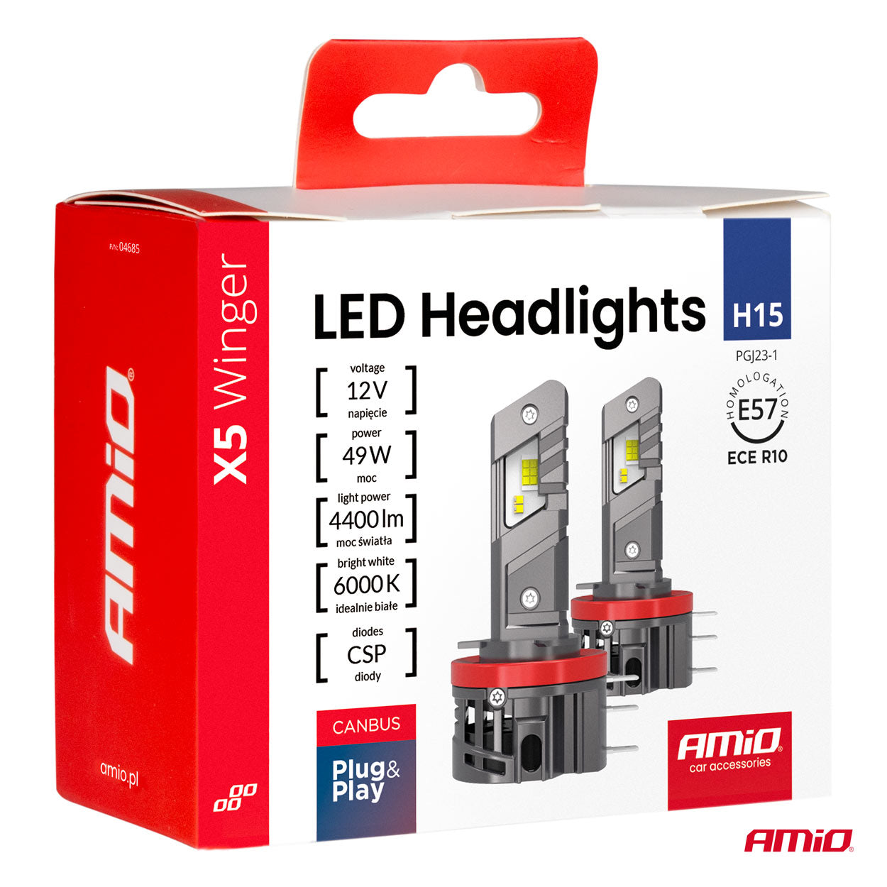 LED-ajovalot X5-sarja WINGER H15 49W 6000K CANBUS AMIO-04685