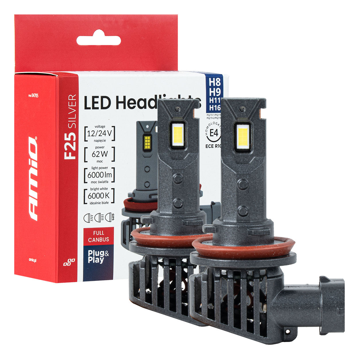 LED-ajovalot Sarja F25 SILVER FULL CANBUS H8/H9/H11/H16 62W 12V 24V AMIO-04705