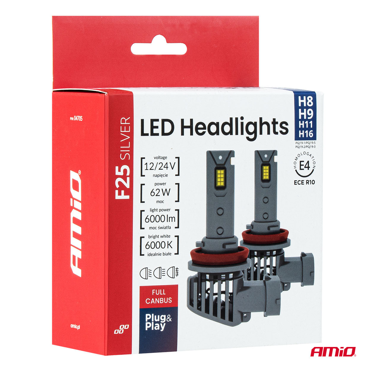 LED-ajovalot Sarja F25 SILVER FULL CANBUS H8/H9/H11/H16 62W 12V 24V AMIO-04705